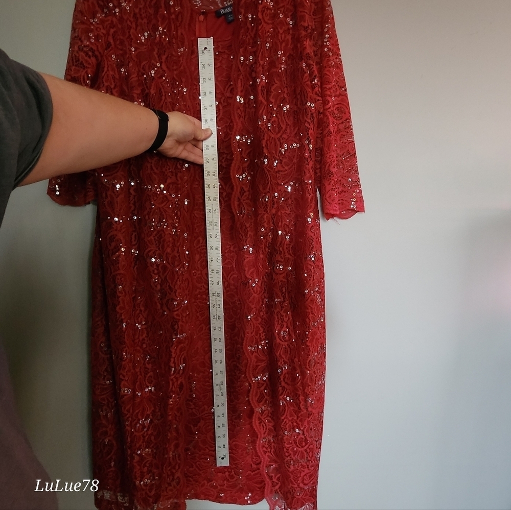 Roaman's Elegant Red Lace Sequin Women's Matching Duster & Dress Set 18W - Picture 13 of 15